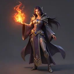 Hearthstone official professional art. A sorceress, wearing a robe casting a fire ball. Insanely logical & professional physical body parts (face, arms, legs, hair, eyes). Full body realistic, sharp focus, 8k high definition, insanely detailed, intricate, elegant, smooth, sharp focus, illustration, ArtStation