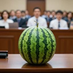 a photograph of a watermelon sitting behind a desk testifying in courtroom | a crowd of people sit behind it