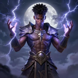 a highly detailed illustration of short curly haired fade african god of lightning, evil summoning lightning from hands pose, moonlit clouds background, muscular, intricate, elegant, highly detailed, centered, digital painting, artstation, concept art, smooth, sharp focus, league of legends concept art, WLOP