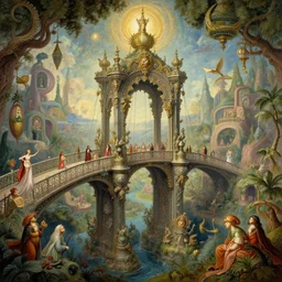 beguiling epic stunning beautiful insanely detailed matte painting of a bridge through godly dream worlds designed by heironymous bosch, by cyril rolando and asher durand and natalie shau, whimsical, intricate