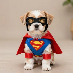 a puppy wearing a superhero costume
