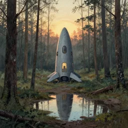 cargo spaceship in forest, puddles of water, sunrise, by scott listfield, simon stalenhag and ian mcque, washed colors, grainy