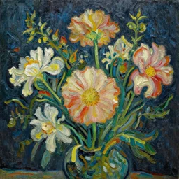 a beautiful painting of flowers, macro perspective, painted by vincent van gogh, dark background