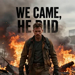 we came, we saw, he died movie poster, focused shot, realistic, smoke, fire, octane render