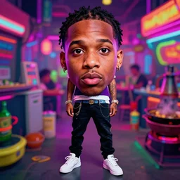 playboi carti, photorealistic, detailed face, full body shot, 8 k, hd, neon colors, over saturated colors, wok, noisy background, background blending with itself, goofy,