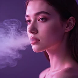 photo of slim girl, 20yo, close-up, high detail, studio, smoke, sharp, pink violet light, studio, 85mm sigma art lens