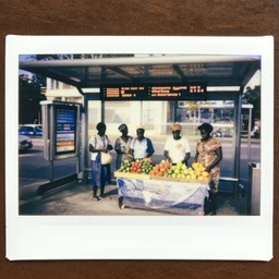 old polaroids of futuristic african bus stops with informal sellers and digital screens, women selling fruit