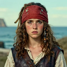 close - up of teenage mediterranean pirate girl freckles freckles, anxiety, linen clothes and leather armor, seaside backgroud, art for best - selling award - winning young adult fantasy novel, intricate, elegant, well composed, highly detailed, art by chengwei pan and viktoria gavrilenko and artgerm and greg rutkowski and alphonse mucha, trending on artstation