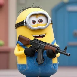 Man in a minion costume holding a rifle, pointed at the camera,