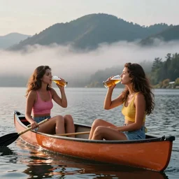 “ girls sitting in canoe on the hudson river drinking beer, mountains in fog background, vibrant colors, sharp detail, by paul pope ”