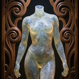 body sculpture made of translucent wax, wooden art nouveau swirls in the background, strong subsurface scattering, subsurface scattering, in the style of ruan jia, mystical colors, dramatic lighting, trending on artstation