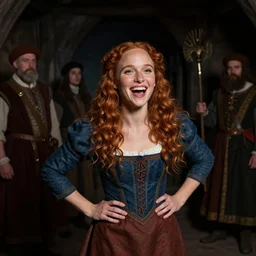 young, freckled, curly haired, redhead natalie portman as a optimistic!, enthusiastic, giddy medieval innkeeper in a dark medieval inn. dark shadows, colorful, ( ( ( dim light ) ) ), law contrasts, fantasy concept art by jakub rozalski, jan matejko, and j. dickenson