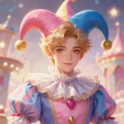 award winning digital portrait of a feminine attractive male jester / fool by sakimichan with soft facial features, hot male art by sakimichan, beautiful carnival with soft pastel colors and lights, trending artstation, digital art, aesthetic, bloom, intricate, elegant, sharp focus, digital illustration, highly detailed, octane render, digital painting, concept art, artgerm, fantasy, masterpiece, by lisa buijteweg and sakimichan and ilya kuvshinov