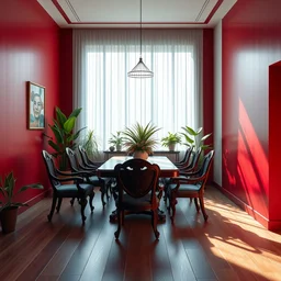 a modern indoor room, clean architecture, deep red colored, baroque chairs and a wooden table, some fresh plants, daylight, peaceful, 8 k octane render
