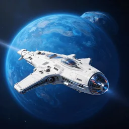 a futuristic spacecraft flying near the blue exoplanet, cosmos in the background, 8K resolution, unreal engine, realistic, highly detailed, ray-tracing, artstation, illustration