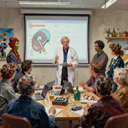 mad scientist david shorey giving a presentation in los angeles to a group of eccentric creative engineers, painting in the style of joseph wright of derby