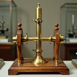 realistic photo of scientific gadget made of wood and brass, center straight composition, 1 9 9 0, life magazine photo, museum archival photo
