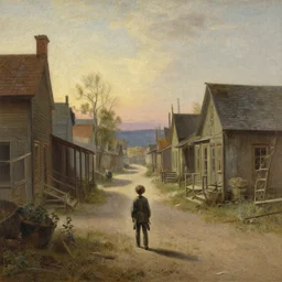 a boy lost in a ghost town, in the style of john atkinson grimshaw, landscape, romanticism, streetscape, symbolism, impressionism