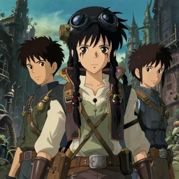 a full body portrait of a dieselpunk adventurer, 1 9 6 0's anime style, finely detailed features, closeup at the faces, perfect art, at an ancient city, gapmoe yandere grimdark, trending on pixiv fanbox, painted by greg rutkowski makoto shinkai takashi takeuchi studio ghibli, akihiko yoshida,