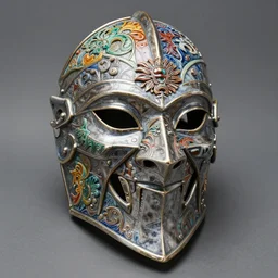 fantasy art ultra 4 k photo of a bizzare colorful metal armor knight mask made of ceramic carved by a master engraver in the style of h. r. giger