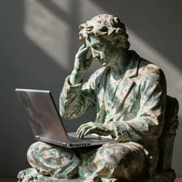 a statue having problems with their laptop