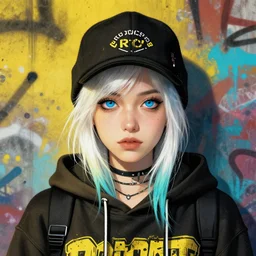 highly detailed portrait of a city punk lady student, blue eyes, hoodie, hat, white hair by atey ghailan, by greg rutkowski, by greg tocchini, by james gilleard, by joe fenton, by kaethe butcher, gradient yellow, black, brown and cyan blue color scheme, grunge aesthetic!!! ( ( graffiti tag wall background ) )