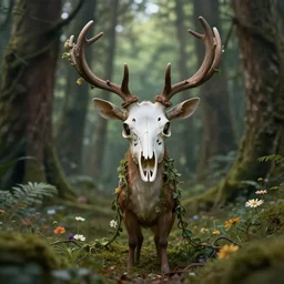 cute forest spirit standing in the woods, deer skull, branch antlers, vines and flowers, high detail, cinematic lighting,