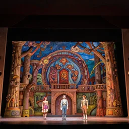photo of a huge theaterstage, play is die zauberflote, 3 actors on stage, 8 k, multicolored, exaggerated detailed, long shot
