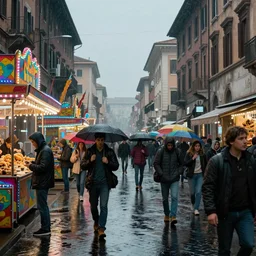 A carnival crowd in a deserted Via del Corso in the city of Rome while it is raining, vibrant colors, by Egon Schiele, misty, moody, cinematic lighting, cinematic color grading, 8k render,