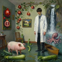 painting of a flooded artist's apartment and a tall emo pathologist, magical courgettes, a pig, paintings on the wall, pomegranates, vines, waterfall, octopus, canoe, berries, zen, sensual, surrealist painting by magritte and rousseau and monet