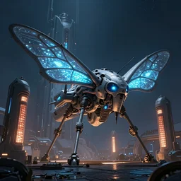 giant armored drone, scifi, alien base, midnight, power generators, highly detailed, moth shape, glow, artstation, masterpiece, epic lighting, art by filippo ubertino