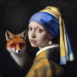 a beautiful painting cyberpunk fox a young girl with pearl earrings, by jan vermeer realistic oil painting