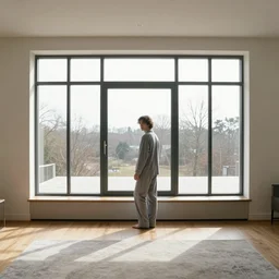 person in pyjamas standing near window, turned back to camera, cinematography, sun rays, daylight, big french door window, windowsill, big spatious room, carpet at the floor, wide shot, furnished room, anamorphic shot lens, window at the center, wooden floor, modern, winter sun, photorealistic, high ceiling