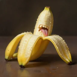 a banana peel with teeth and tongue, art by anders zorn, wonderful masterpiece by greg rutkowski, beautiful cinematic light, american romanticism thomas lawrence, greg rutkowski rule of thirds, golden ratio global illumination caustics subsurface scattering
