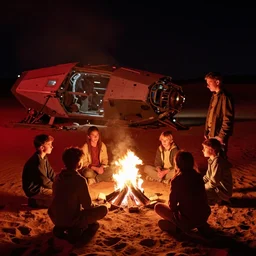 kids around bonfire near crashed spaceship in desert at night by denis villeneuve tom anders zorn hans dragan bibin thoma greg rutkowski ismail inceoglu alphonse mucha red color scheme