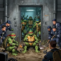 ninja turtles are escaping from the factory, and a couple of people were prisoners with them. then the men in black chased them, and then the gangs. the first door, people were sitting with shovels and in the mud. one of the prisoners got burned and while he was talking to them, the others who went where, cinematic, greg rutkowski very coherent symmetrical artwork, 2 k