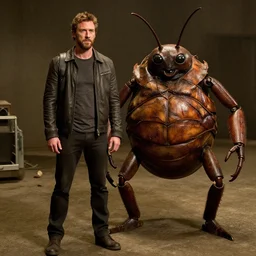 sharlto copley standing next to a humanoid bug in district 9 movie