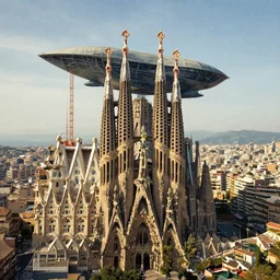 “Barcelona panoràmic view with a gigantic extraterrestrial ship landed on the top of Gaudi’s “sagrada familia” Temple in Barcelona, photorealist, by grec rutkowski and gustave dore”