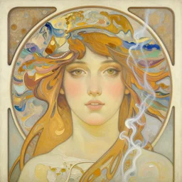 portrait of woman face interior factory, bright, painterly, yoshitaka amano, realist, miles johnston, alphonse mucha, dreamy mountains, wavy, pallete knife, grains, impasto, paint pour, fractal, oil on canvas, smoke tendrils, in the style of yago hortal, lindsay kennedy, louise zhang, james jean, victor charre