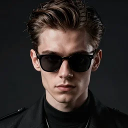 face shot portrait of arrogant powerful young man with black clothes and sunglasses, by greg rutkowski, by zdzislaw beksinski, very detailed, ornate, intricate, octane render, dark color lighting, volumetric lighting, 8 5 mm