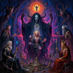 the church of chaos magick honours aleister crowley, spatialism, hyperrealism, symbolism, symmetry, do what thou wilt, subject centered in frame, rule of thirds, stunning neon lighting, demonic summoning, very detailed surreal impressionist digital matte painting by jan van eyck and beksinski and greg rutkowski and kim jung gi