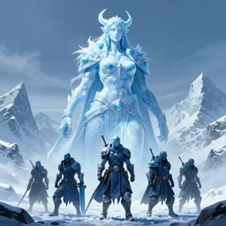 a gargantuan ice revenant lady looming over a group of 5 adventurers, in the snow mountains, high fantasy, monochromatic blue, smooth, sharp focus, high fantasy, dnd, digital painting, by rossdraws, artstationhd