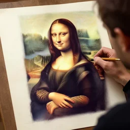 a man roughly sketching the mona lisa on a sheet of paper, in the style of davinci