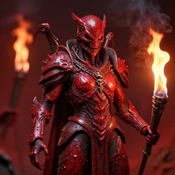 airbrush macro tanith lee's baphomet, in dollop lava armor, syd mead, chris foss, enric torres, alberto bontempi, feng zu hyper realism, narrative light, red colors, epic, hyper detailed, awe inspiring, award winning horror, torch lighting, hyper realism, cinematical