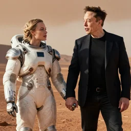 elon musk and margot robbie holding hands on mars, highly detailed, hyper realistic