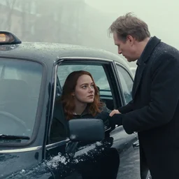 emma stone getting out of taxi in winter, faded color film, russian cinema, tarkovsky, kodachrome, heavy fog, 4 k, dramatic lighting, greg rutkowski