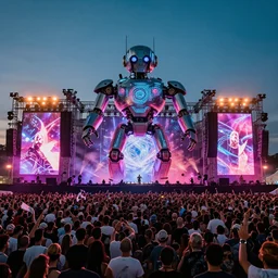 the year of 2 0 4 9, the coolest edm show, 1 0 0 0 peoples watch the dj lives, huge digital robot on the middle of the stage, dance music show,