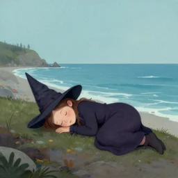 a little witch sleeping at the sea art by craig mullins, james gilleard, by joe fenton, by greg rutkowski, by greg tocchini, by kaethe butcher, 4 k resolution, gradient yellow, black, brown and cyan color scheme, grunge aesthetic!!!