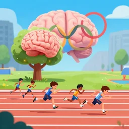 little tree people racing against a brain in the 1 0 0 m dash, olympics, digital art