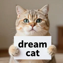 realistic high quality photo of a cute cat holding a sign with text that reads : dream cat, cats